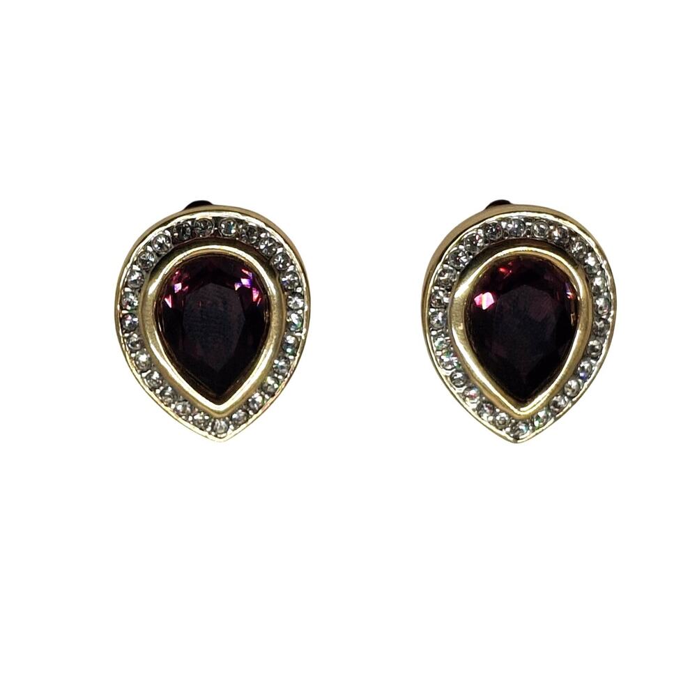 Vintage SAL Swarovski 80s Goldtone Purple Rhinestone Teardrop Clip on Earrings